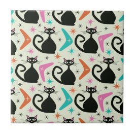 Azulejo De Cerâmica Gatos Atômicos Pretos de meio século com Bomerangu