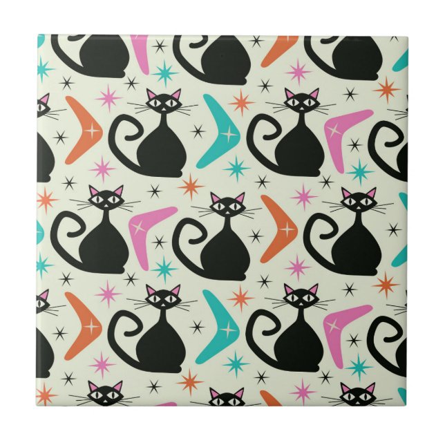 Azulejo De Cerâmica Gatos Atômicos Pretos de meio século com Bomerangu (Frente)