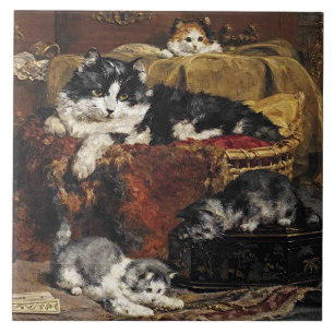 Azulejo De Cerâmica Gatos Brancos E Bonitos De Vintage, Pretos E Branc