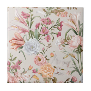 Azulejo De Cerâmica Gatos Brancos Rosas Florais