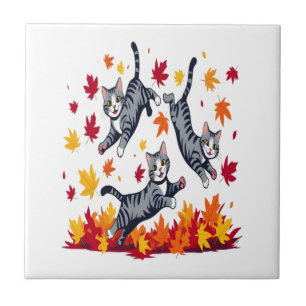 Azulejo De Cerâmica Gatos Brincando em Folhas de Outono