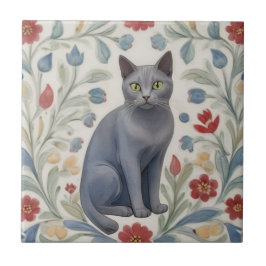 Azulejo De Cerâmica Gatos Cinza Florais - Gatos Cinzentos Flores Folcl