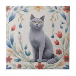Azulejo De Cerâmica Gatos Cinza Florais - Gatos Cinzentos Flores Folcl