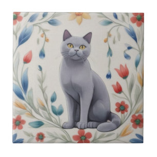 Azulejo De Cerâmica Gatos Cinza Florais - Gatos Cinzentos Flores Folcl