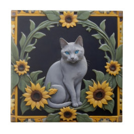 Azulejo De Cerâmica Gatos Cinza Girassol - Gato Cinzento e Girassóis A