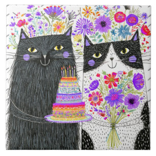 Azulejo De Cerâmica Gatos de Aniversário Caprichosos Buquê Floral