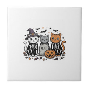 Azulejo De Cerâmica Gatos de Esqueleto Fofo de Halloween Gravura Vinta