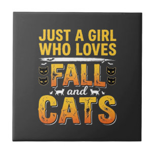 Azulejo De Cerâmica Gatos de Outono Garota Desenho de Halloween_1