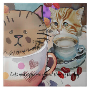 Azulejo De Cerâmica Gatos e café e texto personalizado