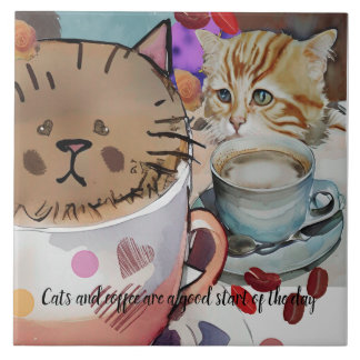 Azulejo De Cerâmica Gatos e café e texto personalizado