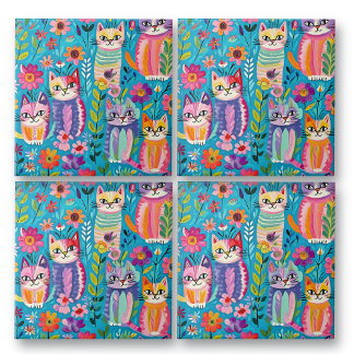 Azulejo De Cerâmica Gatos e Flores Coloridos Felizes