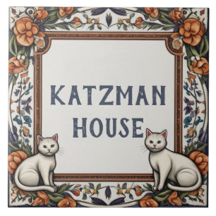Azulejo De Cerâmica Gatos e Flores Nome de Casa Personalizado Placa Pl