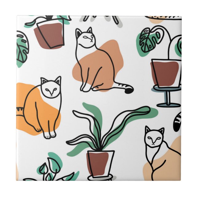 Azulejo De Cerâmica Gatos e flores para desenho de linhagens (Frente)