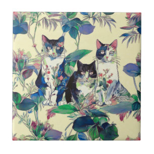 Azulejo De Cerâmica Gatos em Aquarela em um Jardim