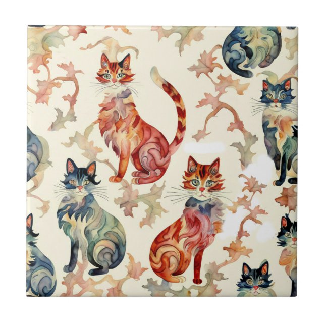 Azulejo De Cerâmica Gatos em Padrão Chinês de Aquarela (Frente)