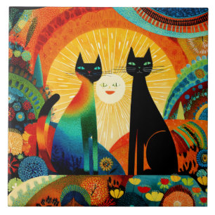 Azulejo De Cerâmica Gatos em um fundo brilhante e colorido,