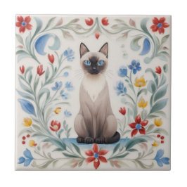Azulejo De Cerâmica Gatos Florais - Flores Folclóricas Coloridas de Ga
