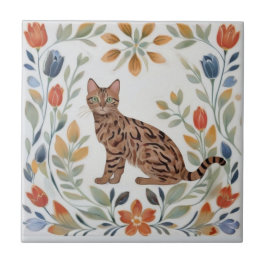 Azulejo De Cerâmica Gatos Florais - Gato Bengal Colorido Flores Folcló