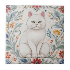 Azulejo De Cerâmica Gatos Florais - Gato Branco Flores Folclóricas Col