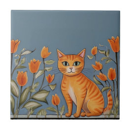 Azulejo De Cerâmica Gatos Florais - Gato Gengibre & Flores Laranjas Ca
