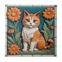 Azulejo De Cerâmica Gatos Florais - Gato Gengibre & Jardim de Flores L
