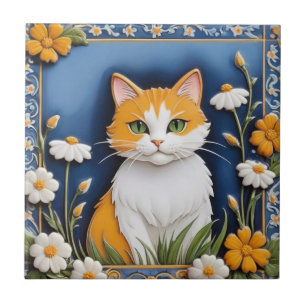 Azulejo De Cerâmica Gatos Florais - Gato Laranja Branco Flores Azuis