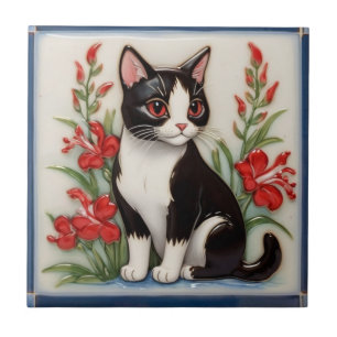 Azulejo De Cerâmica Gatos Florais - Gato Preto e Branco & Flores Verme