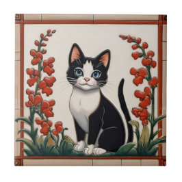Azulejo De Cerâmica Gatos Florais - Gato Preto e Branco Jardim de Flor