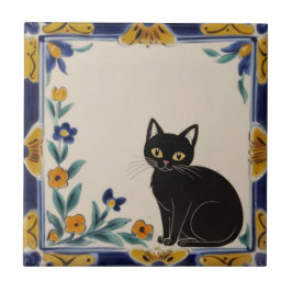 Azulejo De Cerâmica Gatos Florais - Gato Preto Fofo e Flores Laranjas