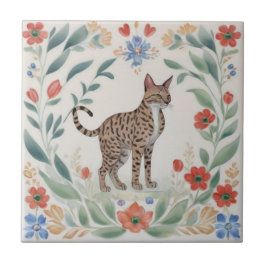 Azulejo De Cerâmica Gatos Florais - Gato Savannah Flores Folclóricas C