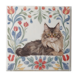 Azulejo De Cerâmica Gatos Florais - MaineCoon Gato Colorido Folclore F