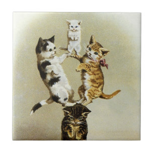 Azulejo De Cerâmica Gatos Gatinhos Vitorianos Fofos Brincando, Humor