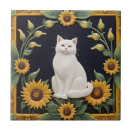 Azulejo De Cerâmica Gatos Girassóis - Gato Branco & Girassóis Amarelos