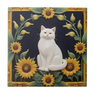 Azulejo De Cerâmica Gatos Girassóis - Gato Branco & Girassóis Amarelos