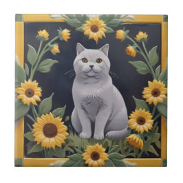 Azulejo De Cerâmica Gatos Girassóis - Gato Cinza & Girassóis Amarelos