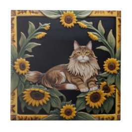 Azulejo De Cerâmica Gatos Girassóis - Gato MaineCoon & Girassóis Amare