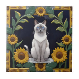 Azulejo De Cerâmica Gatos Girassóis - Gato Siames e Girassóis Amarelos