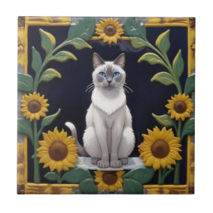 Azulejo De Cerâmica Gatos Girassóis - Gato Siames e Girassóis Amarelos