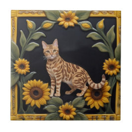 Azulejo De Cerâmica Gatos Girassol - Gato Bengal & Girassóis Amarelos