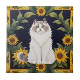 Azulejo De Cerâmica Gatos Girassol - Gato Ragdoll & Girassóis Amarelos