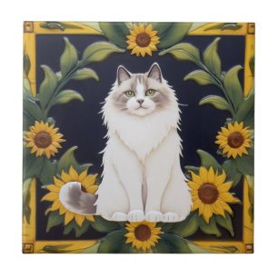 Azulejo De Cerâmica Gatos Girassol - Gato Ragdoll & Girassóis Amarelos