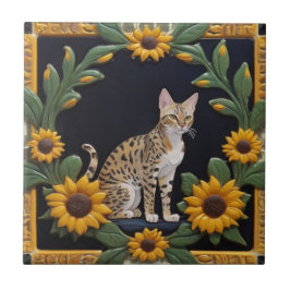 Azulejo De Cerâmica Gatos Girassol - Gato Savannah & Girassóis Amarelo