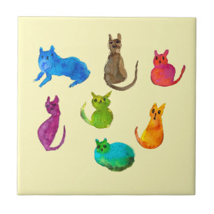 Azulejo De Cerâmica Gatos loucos coloridos em aquarela