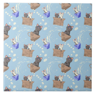 Azulejo De Cerâmica Gatos na caixa e leite cai em azul