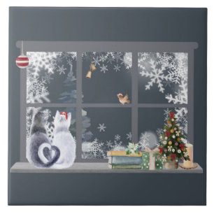 Azulejo De Cerâmica Gatos na janela de Natal