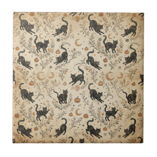 Azulejo De Cerâmica Gatos Pretos Bruzinhos e Botânicos de Outono ao Lu