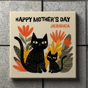 Azulejo De Cerâmica Gatos Pretos de Desenho Animado Fofo Floral Feliz