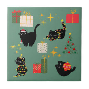 Azulejo De Cerâmica Gatos Pretos de Natal