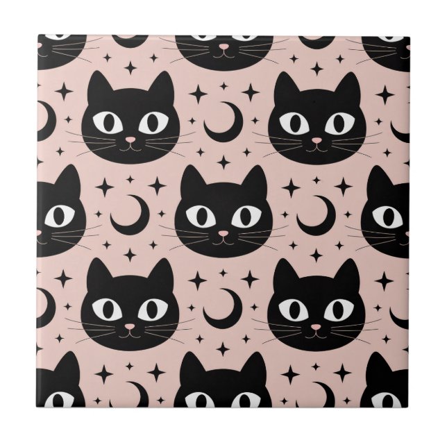 Azulejo De Cerâmica Gatos Pretos Fofos & Halloween Celestial (Frente)