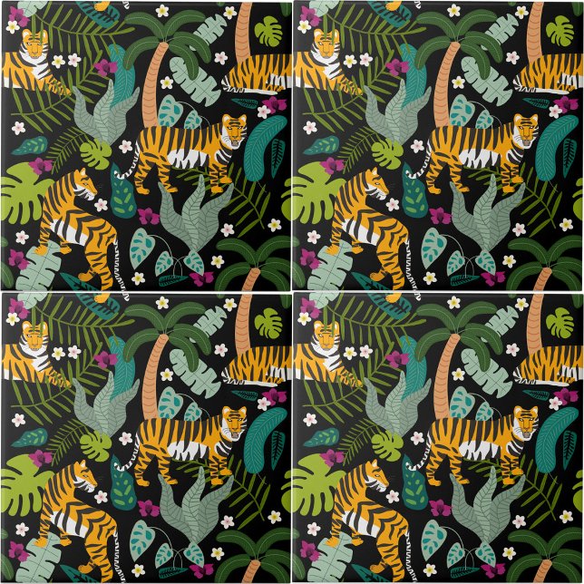 Azulejo De Cerâmica Gatos Safari Pretos Da Selva Botânica Do Tigre Tro (Tropical Tiger Black Botanical Jungle Safari Cats Ceramic Tile)